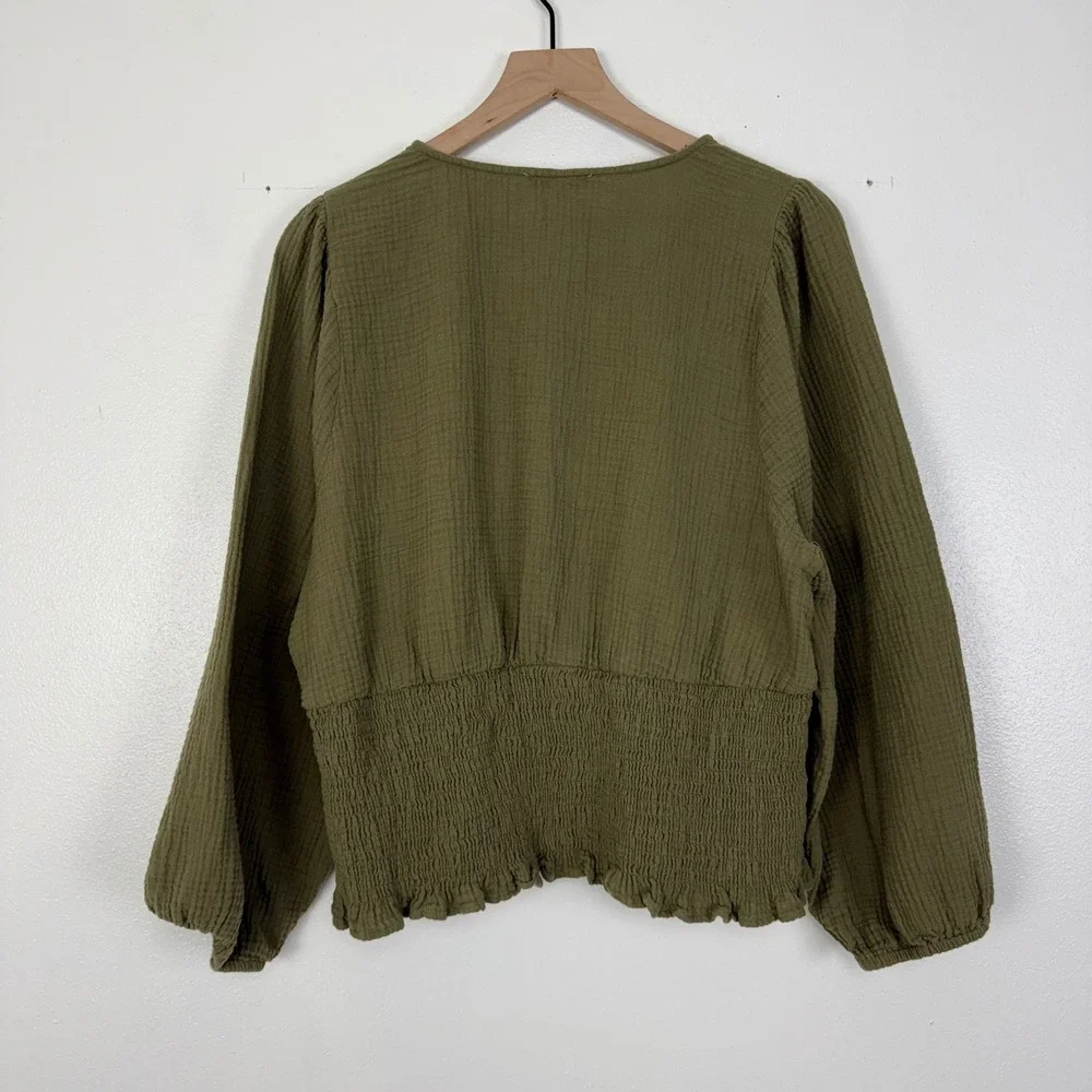 Madewell Smocked Wrap Top Womens 2X Green Cotton Gauze‎ Puff Sleeve Julianne